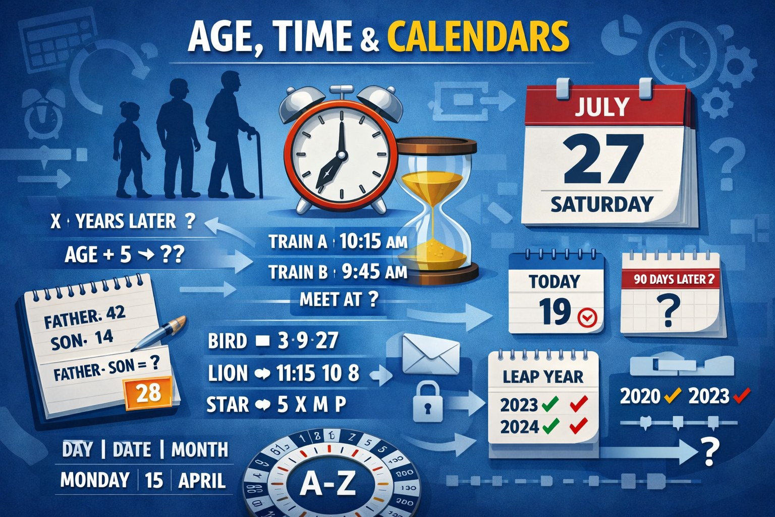 Reasoning ability age time and calendars concept