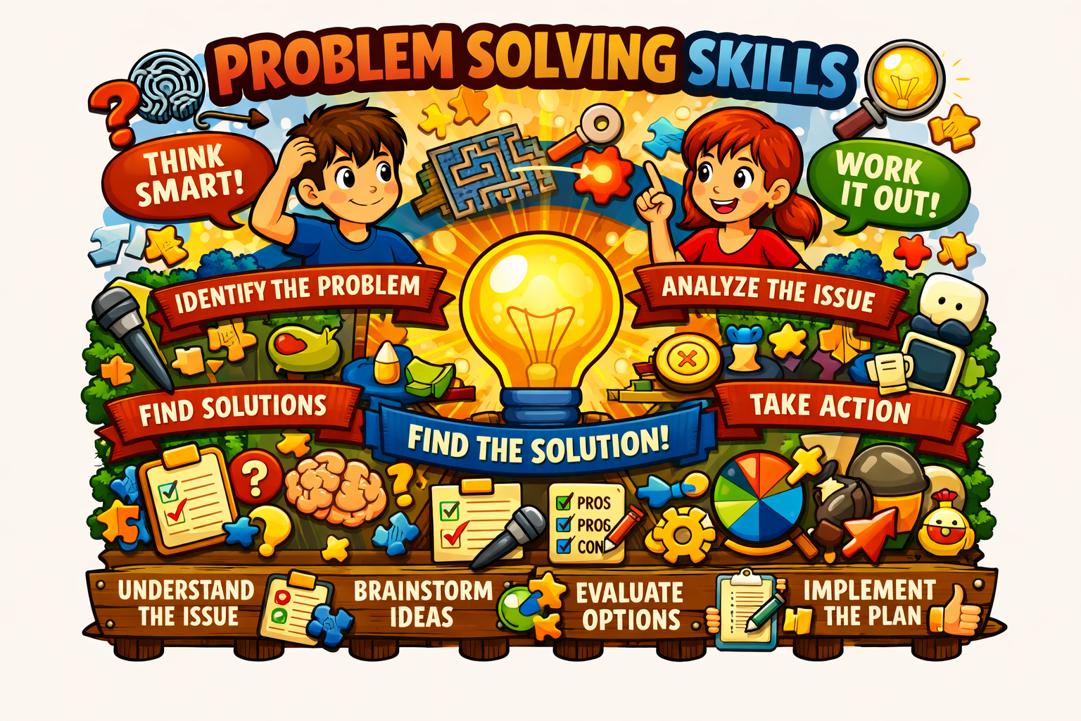 Problem solving skills analyse and act concept
